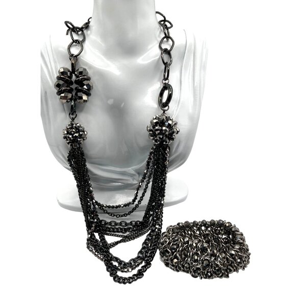 Chunky Silver-Tone Statement Necklace & Bracelet Set Unique N99 - Picture 1 of 6